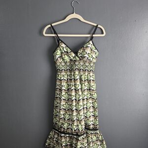 Bisou Bisou Green Floral Patterned Smocked Midi Sundress with Black Trim 10